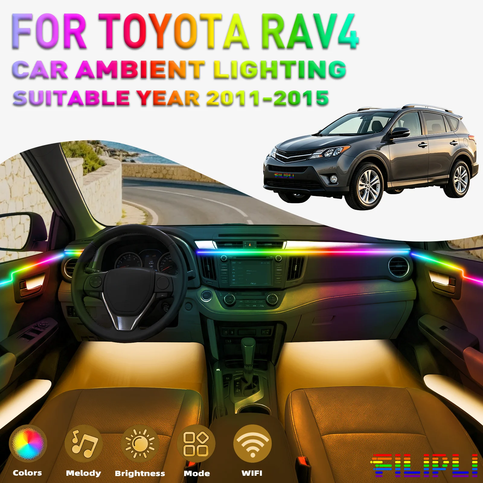For TOYOTA RAV4 2011-2015 Car Ambient Lighting colorful 18 Lights Kit 256 Colors Iridescent 18 in 1 LED Interior Hidden Acrylic Strip Symphony Atmosphere Lamp Neon Acrylic Light Strip Lighting and Decorative Lamps Long Standby Car Decorative Light