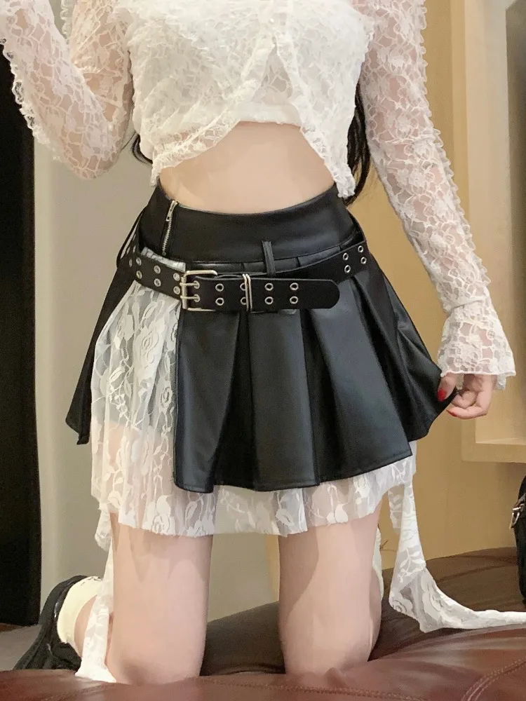 

Black Lace Leather Skirt Y2k Spice Girl Retro Irregular All-Match PU Splicing Slim-Fit Sexy Fashion A-Line Pleated Skirts Women