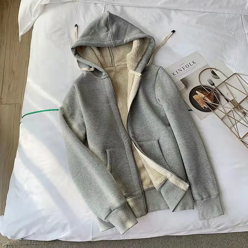 Autumn and Winter New Cashmere Hooded Sweater for Women Loose Thickened Warm Artificial Cashmere Women Cardigan Zipper Coat