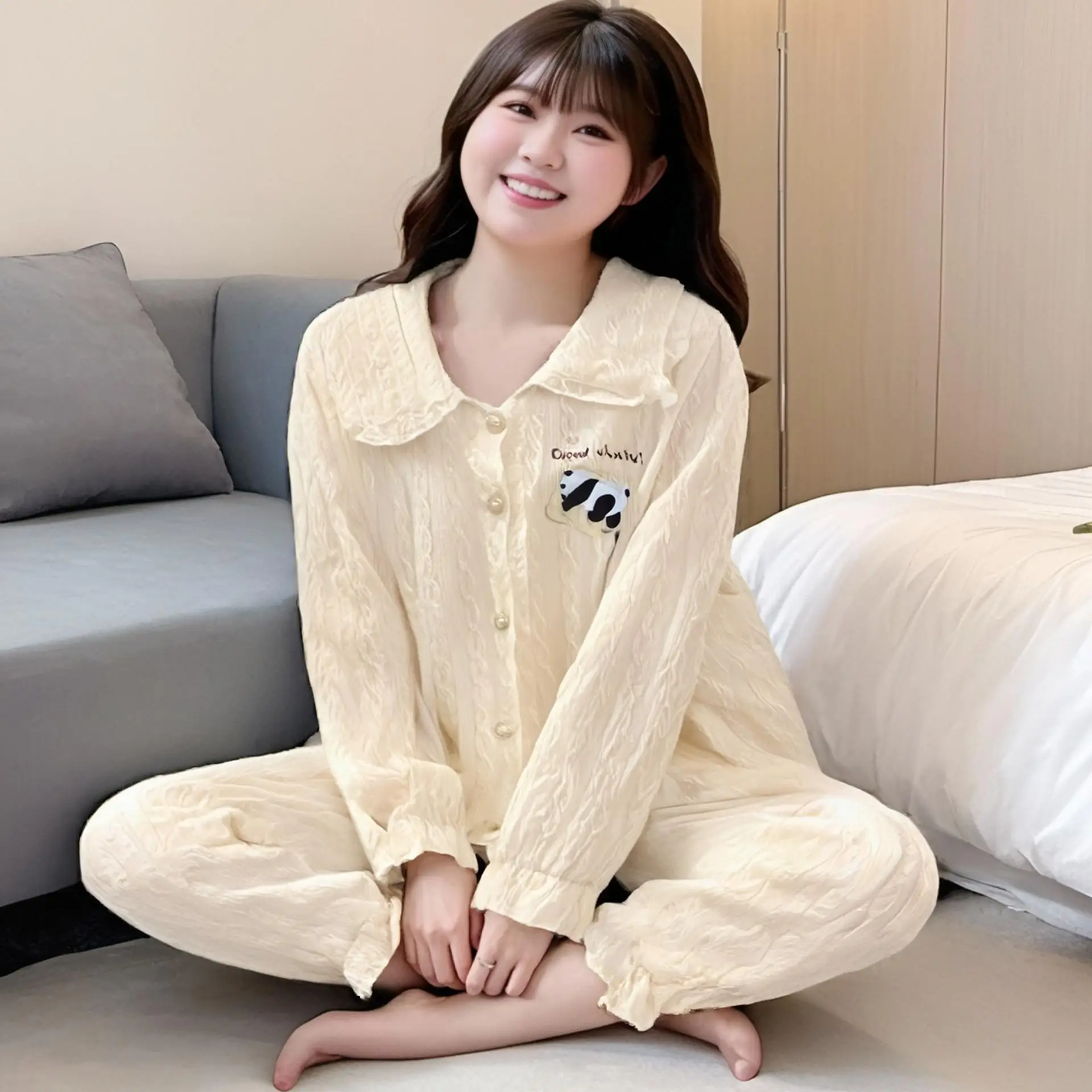 プラスサイズ漫画柄寝間着-レディースゆったり長袖長ズボン-ホームウェア上下セット-春秋新作プラスサイズ