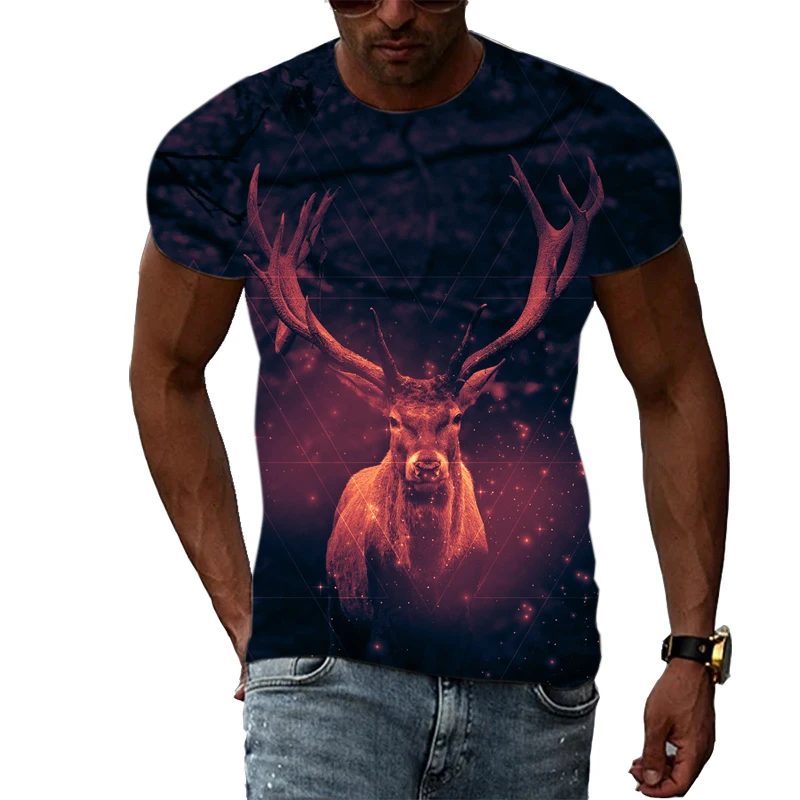 Summer Fashion Casual Men's T-shirt Creative Reindeer Figure 3D Printing Personality Trendy Round Neck Large Size Short Sleeves