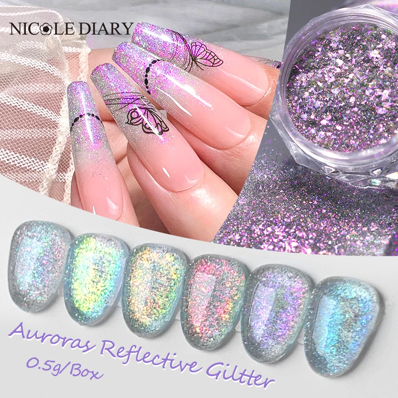 1 Box Aurora Nail Glitter Powder Flakes Irregular Sparkly Gradient Sequins Gel Polish Chrome Reflective Pigment Nail Decoration