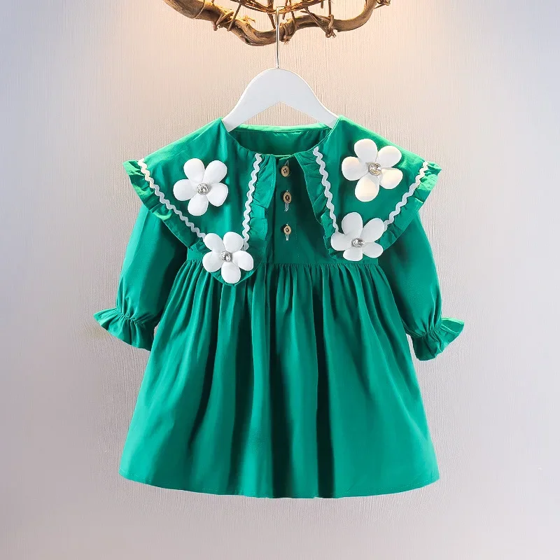 2026 Autumn Spring New Style Newborn Girls Long Sleeve Dress Cute Solid Color Flower Baby Princess Dress Infant Kids Clothing