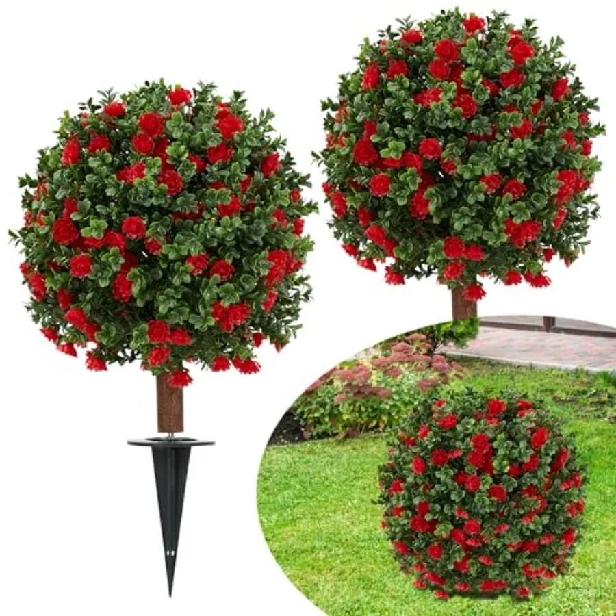 

Набор из 2 штук: Искусственные цветущие деревья-топиарии 23,6 дюйма, реалистичные искусственные растения с кольцом для крепления к земле, УФ-стойкие, для улицы, дома, веранды, сада