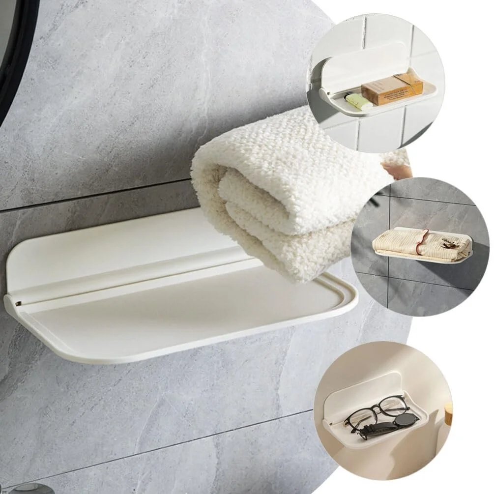 Foldable Plastic Wall Shelf Storage Punch-Free Wall-Mounted Floating Shelf Toilet Towel Clothes Household Bathroom Storage Rack