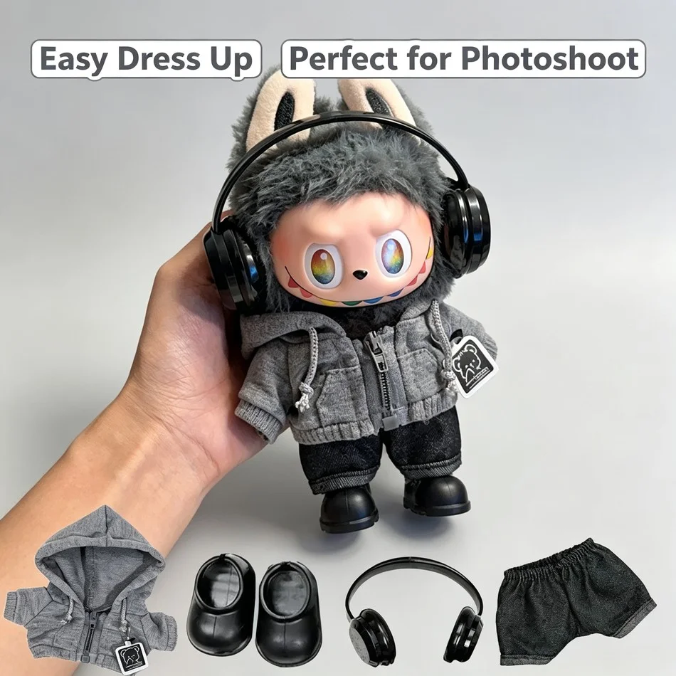 ``` 4Pcs Complete Doll Outfit Set Hoodie Jeans Shoes Headphones Trendy Streetwear for 15-20cm Plush Dolls Cute Gift