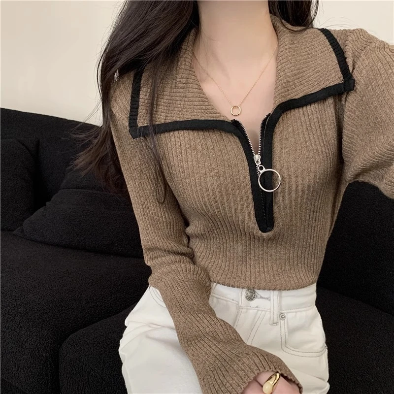 Herbst Winter Reiß verschluss Pullover Polo Kragen einfarbig Strick pullover Pullover Temperament schlanke Damen pullover