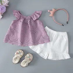 Set di vestiti per ragazze del bambino estate tinta unita increspato scava fuori top + pantaloncini 2 pezzi completi Set bambini vestiti per ragazze 0-2 anni