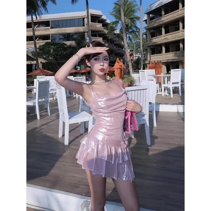 American Y2K Pink Dress Dopamine Sweet Spicy Girl Sexy Swing Collar Glossy Slim Straps Dress for Women Summer Party Dresses