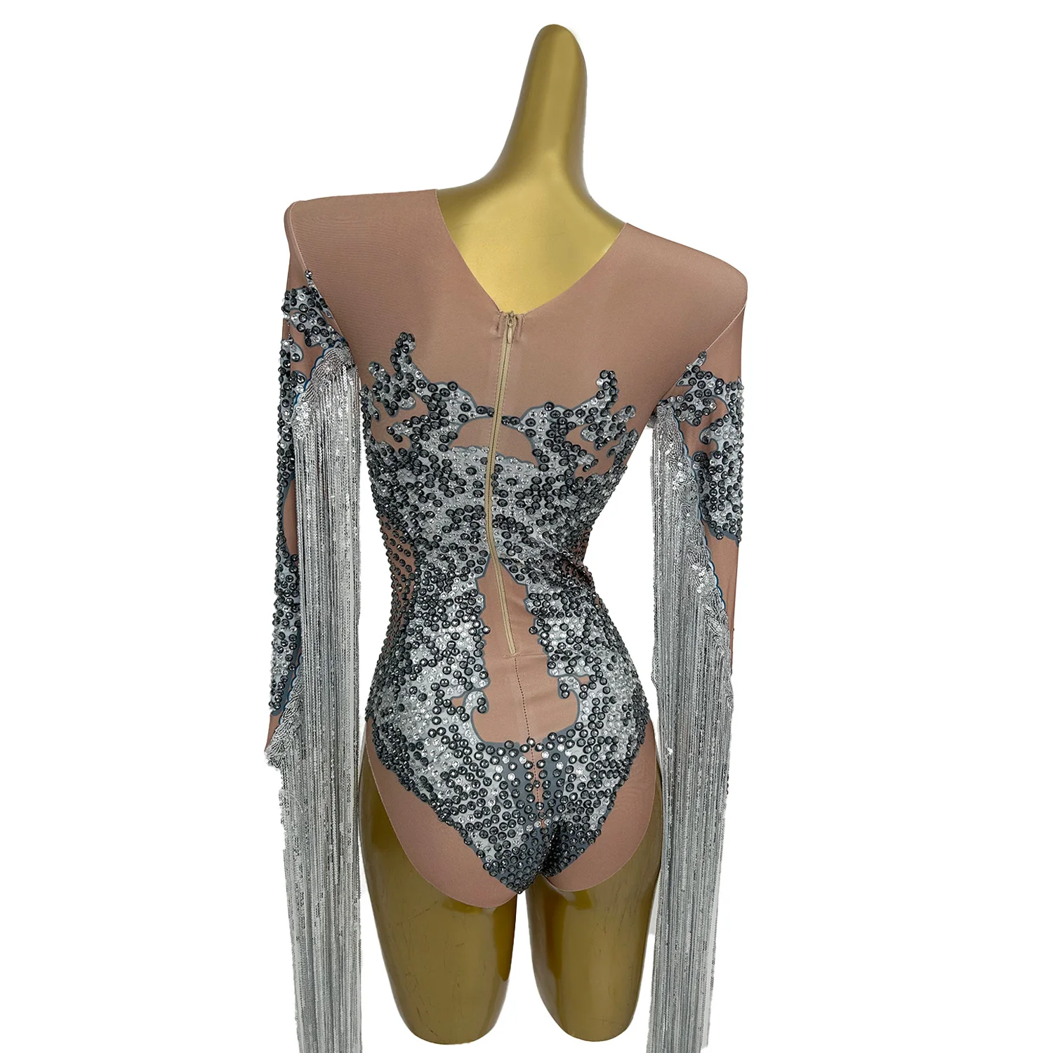 Sparkly Sequins Rhinestone Sexy Printing Bodysuit Women Birthday Party Stage Performance Short Jumpsuit Tassel Sleeved Gongdian