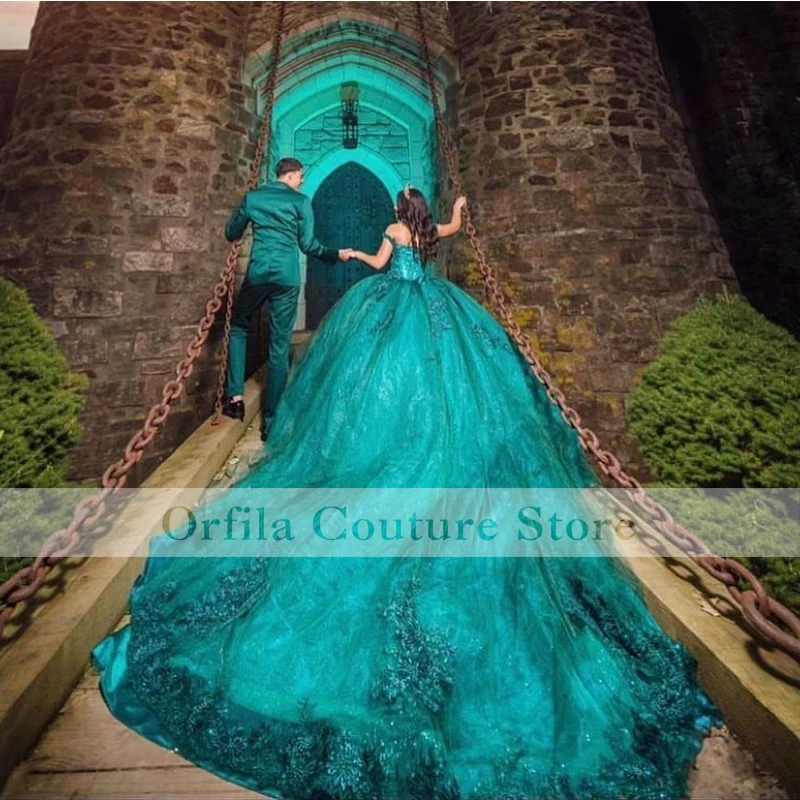 Vestidos de quinceasenera Green Appliques Lace Prom Dress Off spalla Croset Back Girl Party Dress vestidos de fiesta