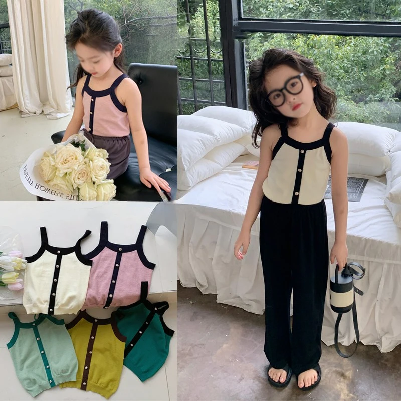 

Kids Clothes Baby Girls Knit Halter Top Cute Sweet Vintage Color Match Knitted Suspenders Kawaii Knitwear Sweater Vest Top 2-13y