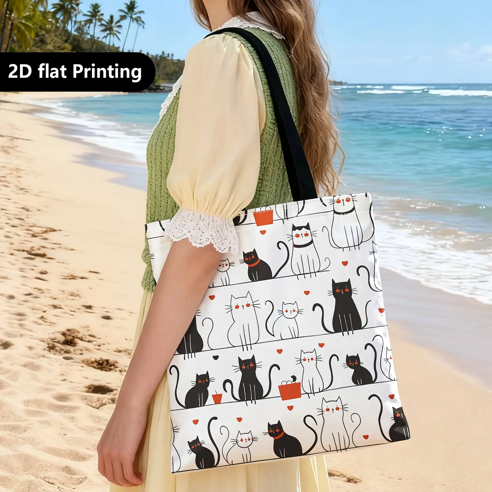 

Spacious Tote Bag for Teenager, Perfect As a Versatile Everyday Carryall for Work, Cat Pattern, Hearts, Monochrome Illustration