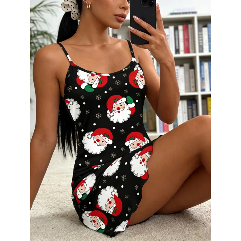 Women Summer Nightdress Spaghetti Strap Ruffle Trim Round Neck Home Loungewear Sleep Dress Cute Santa Christmas Print