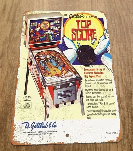 Gottliebs Top Score Pinball Game Room  Metal Wall  Sign Vintage Arcade