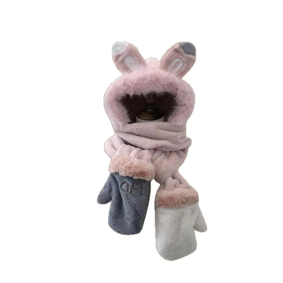 مجموعة قبعة وأذن أرنب قطيفة ووشاح وقفازات - شتاء دافئ 3 في 1 للنساء #2