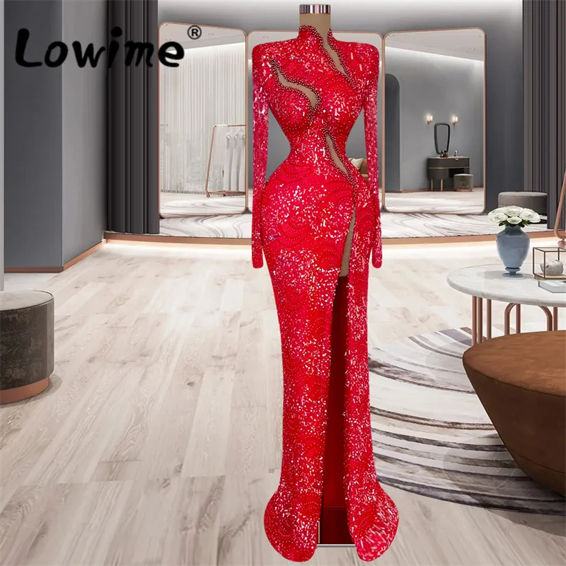 Modern Red Evening Dresses Long Sleeves Beaded Mermaid Party Dress For Weddings 2023 Shiny Sequins Prom Gowns Custom Made Robe