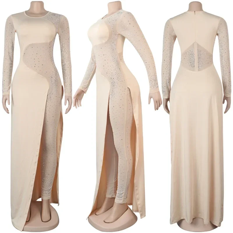 Sexy Rhinestone Jumpsuits Luxury for Women Long Sleeve Sheer Mesh Patchwork Skinny Night Party Club Romper Overalls Birthday
