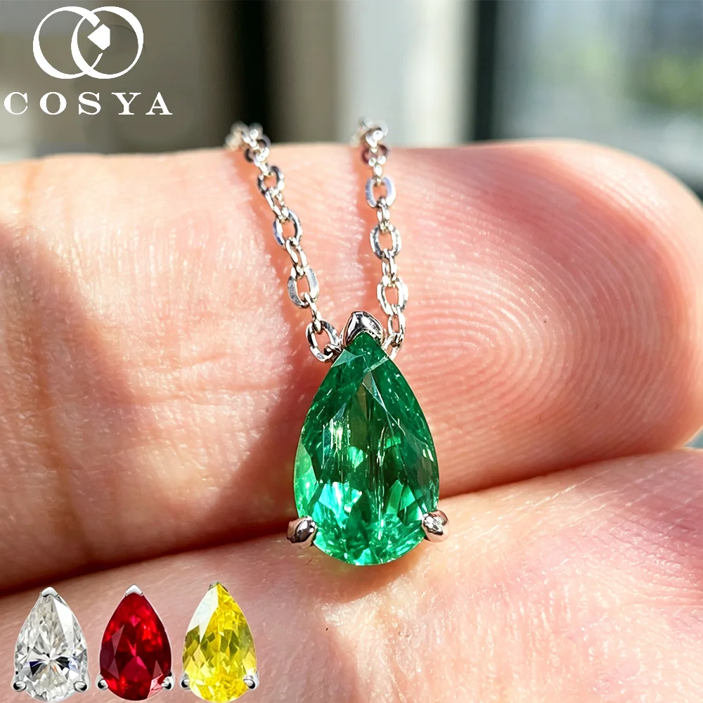 

COSYA 1-4CT Pear Cut Lab Grown Colombian Emerald/Ruby Necklace For Women S925 Silver Moissanite Waterdrop Necklace Fine Jewelry