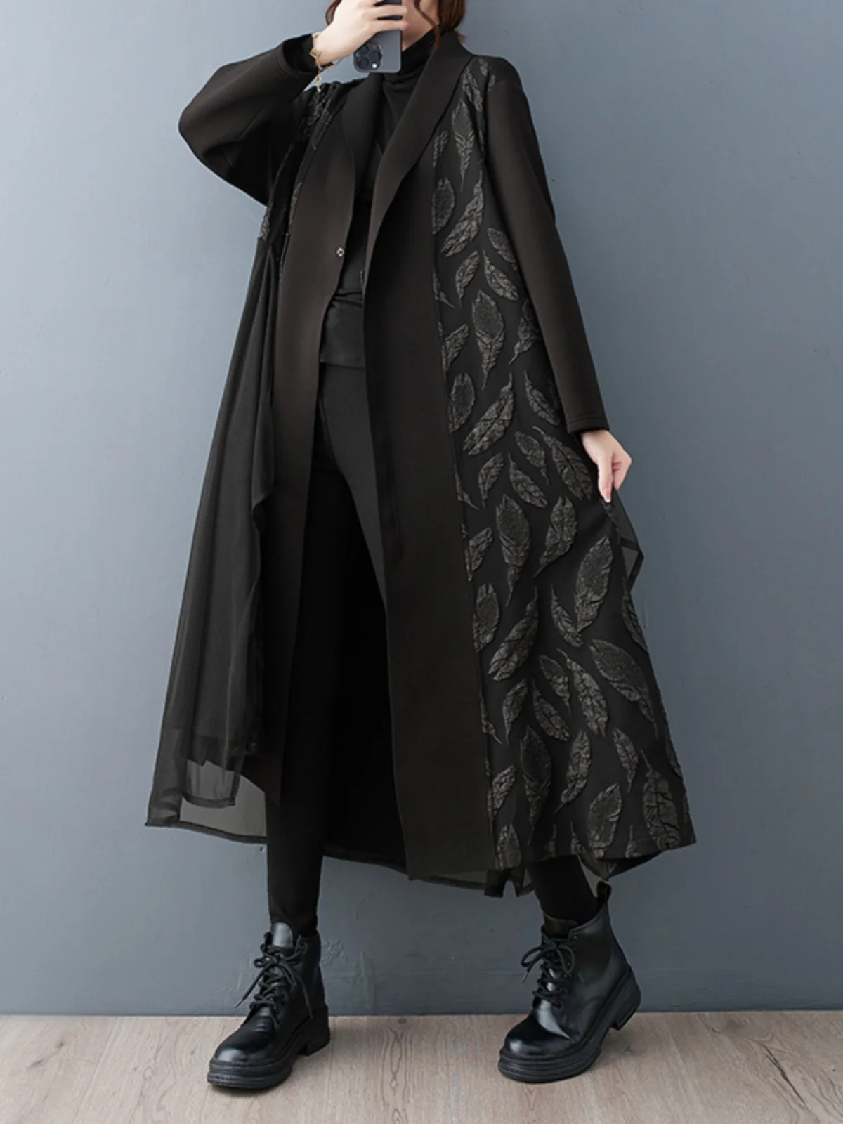 Abrigo Largo de Moda con Diseño de Hojas, Chaqueta con Cuello en V, Cárdigan Abierto Elegante para Mujer, de Fibra de Poliéster, para Otoño