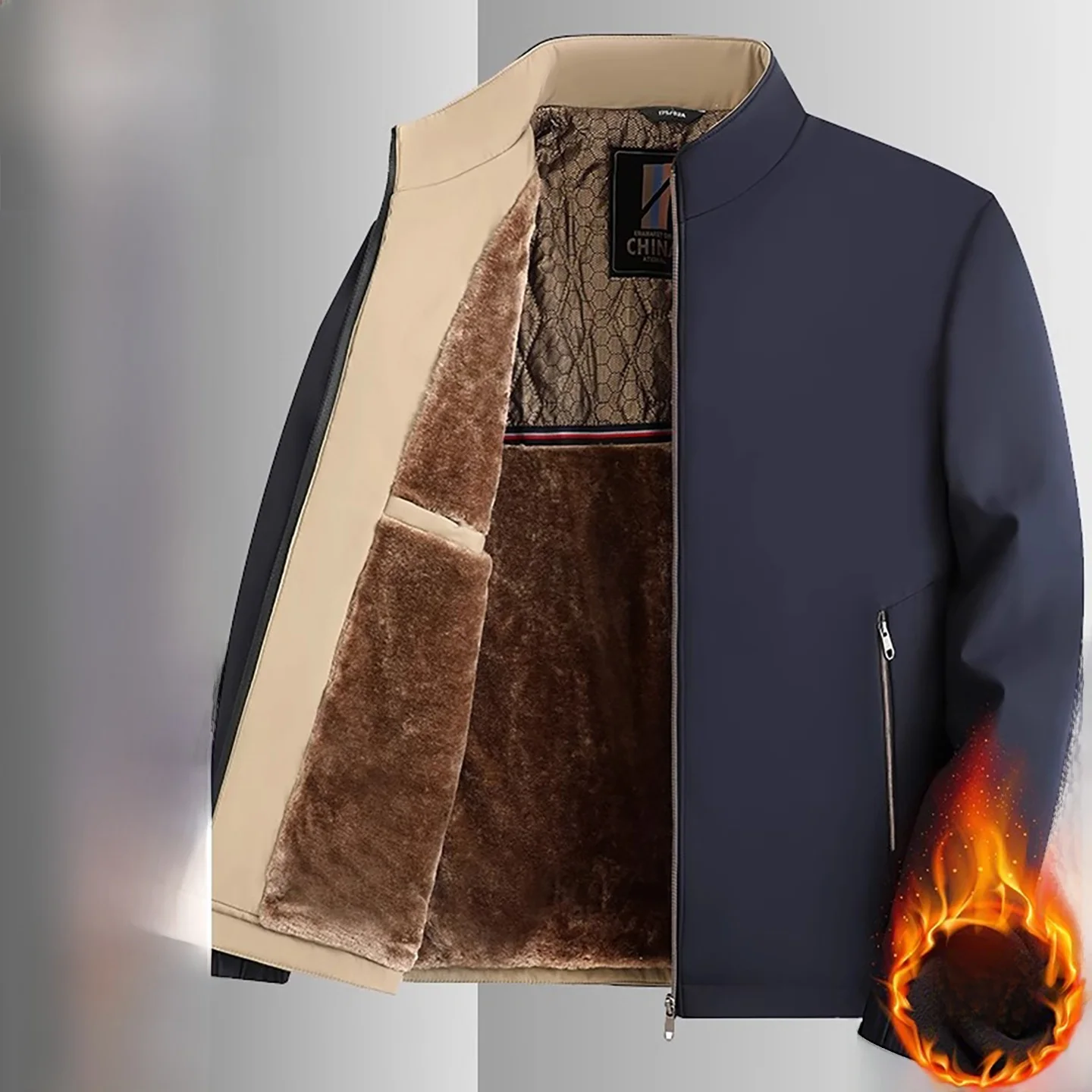 

Thiened Fce Stand Collar Jaet for Men Warm Busin Sle Spring Autumn New Arrival Dad Winter Clothes Polyester Fabric