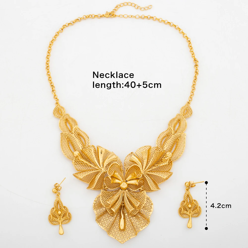 Women Necklace Earrings Italy Fashion Luxury Jewelry Set Bud Large Pendant Earrings Gold Plated Nigeria Dubai Party Jewelry Gift