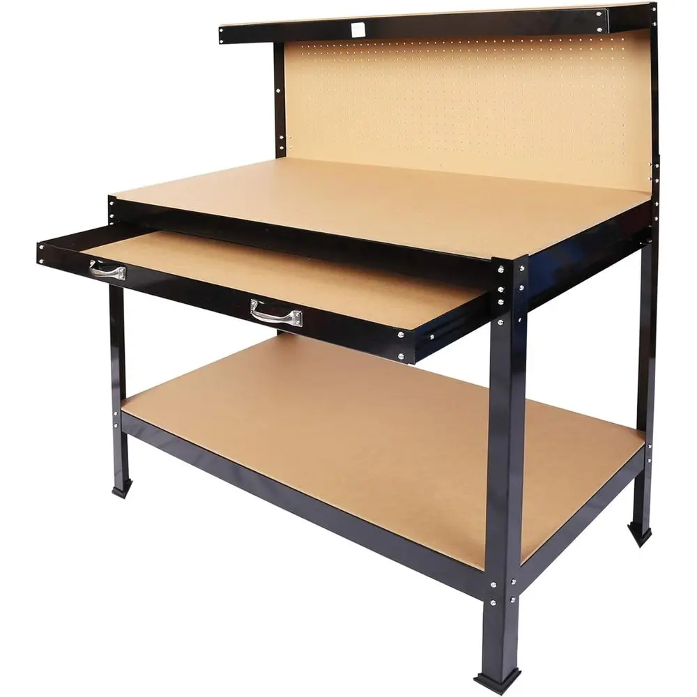 63 Banco de trabajo resistente con tablero perforado, cajón y capacidad de 300 lb: perfecto para talleres y garajes