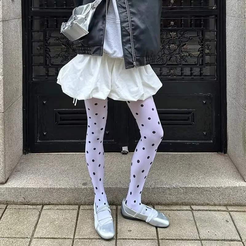 Kave Vintage Black Polka Dot White Pantyhose Women's Sheer Tights Y2k Girls Sexy Crash Tights Slimming Leggings Elastic Stocking