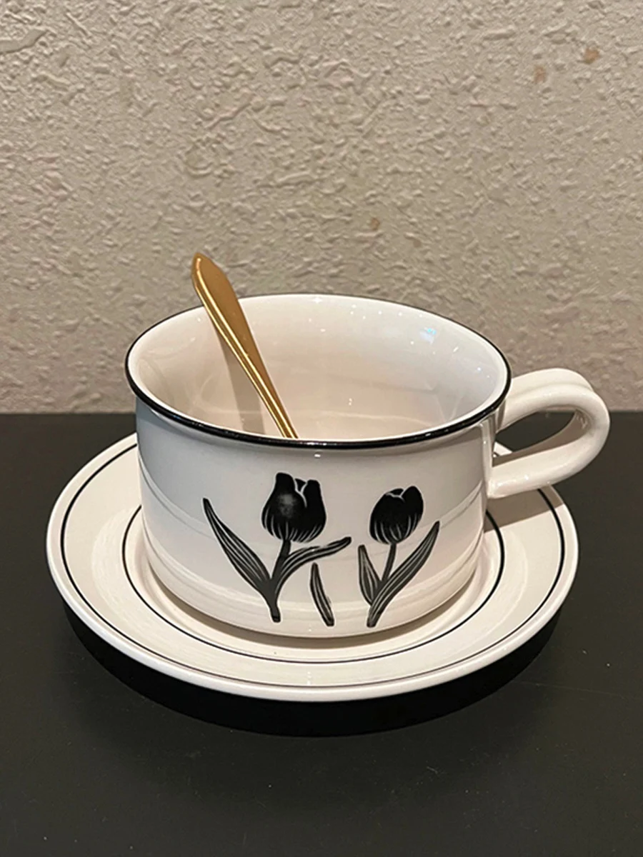レトロセラミックコーヒーマグセット-女性用-北欧スタイル-手描きチェック柄-大人向けギフトボックス-伝統的な中国磁器