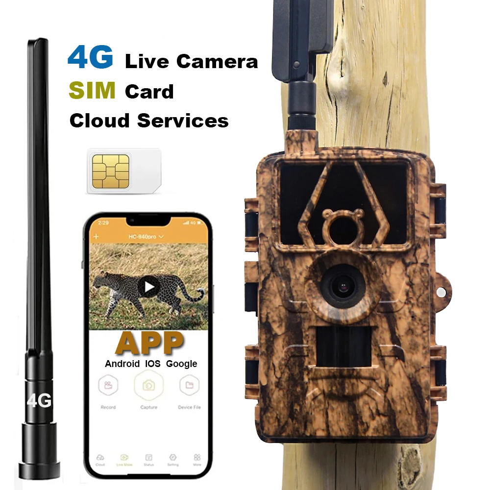 4G LTE HD Live Video Cellular Trail Camera 60MP 8K APP Wireless Cloud Service Hunting Outdoor Farm Wildlife Cam with SIM Card