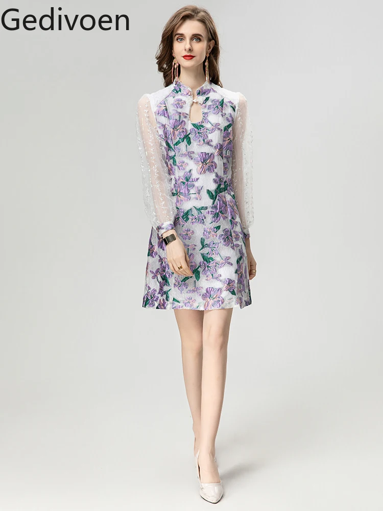 

Gedivoen Fashion Designer Summer Women's Dresses Half Open Collar Embroidery Floral Office Lady POLYESTER A-LINE Dress