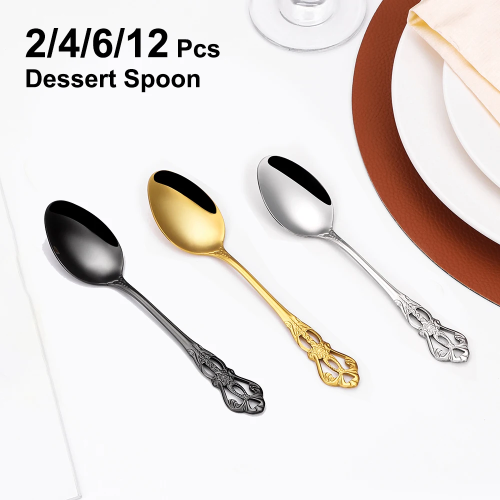 2/4/6/12pcs Gold Dessert Spoons Stainless Steel Cutlery Ice Cream Cake Spoon Black Spoon Set Mirror Sliver Luxury Tableware