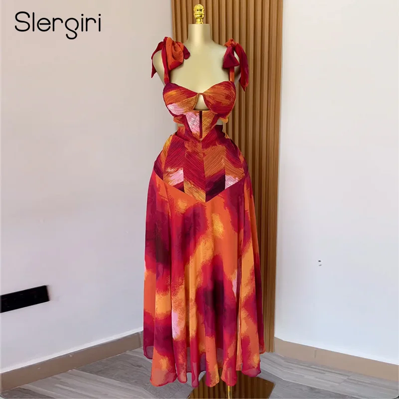 

Slergiri Women's Sweetheart Neck Tie Shoulder Cutout Backless Dress 2025 Summer Sweet Print High Waist Big Swing Long Dresses