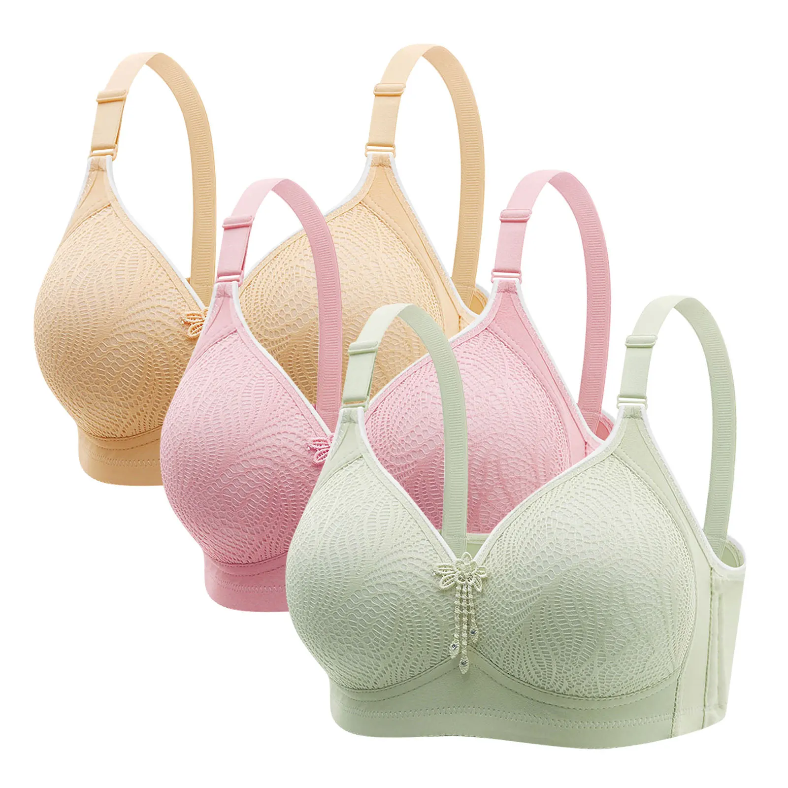 Three-piece Woman' Brassiere Set Lace Wireless Girls Push-up Plus-size Lady Bra Daily Gathering Side Fat Four-row Back Closure