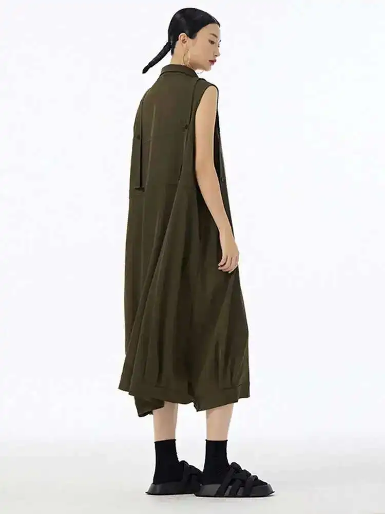 Feminino exército verde botão tamanho grande midi camisa casual vestido nova lapela sem mangas moda maré primavera verão