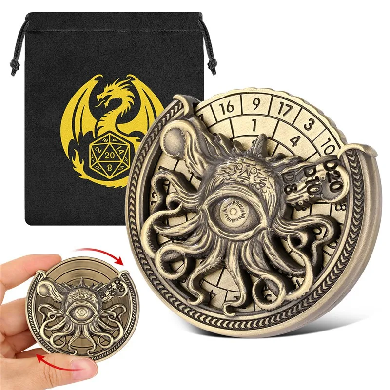 

7-in-1 single eyed octopus roulette rotating digital DND metal dice, perfect for Dungeons&Dragons, tabletop RPGs