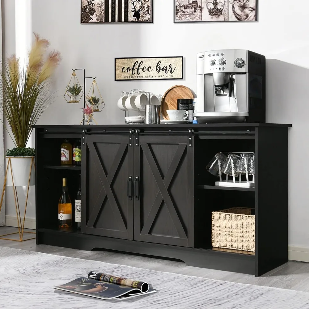 

4Coffee Bar Cabinet with Sliding Barn Doors, 59" Coffee Bar Table Sideboard Buffet Cabinet with Storage