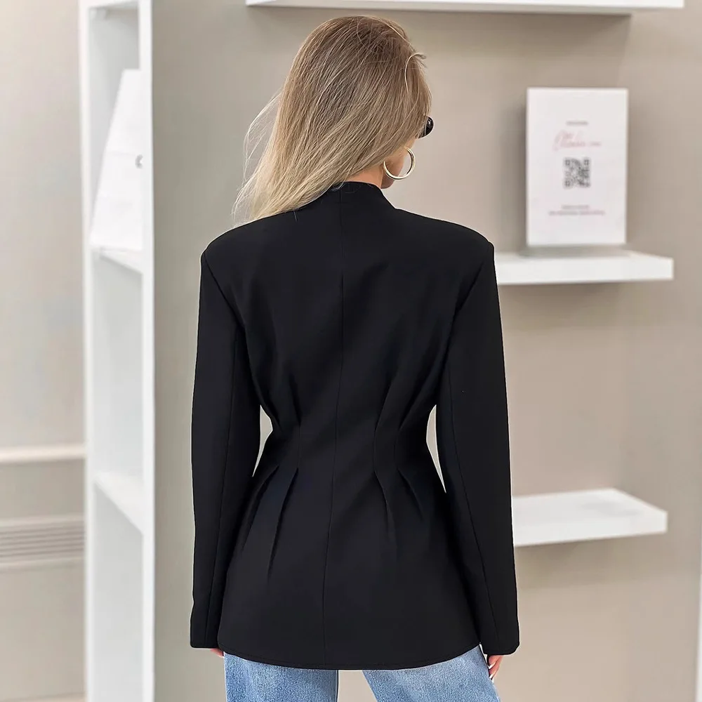 우아한 분위기의 슬림핏 허리 조절 V넥 디자인 탑 2025 가을 신상 여성용 출퇴근 슈트 자켓