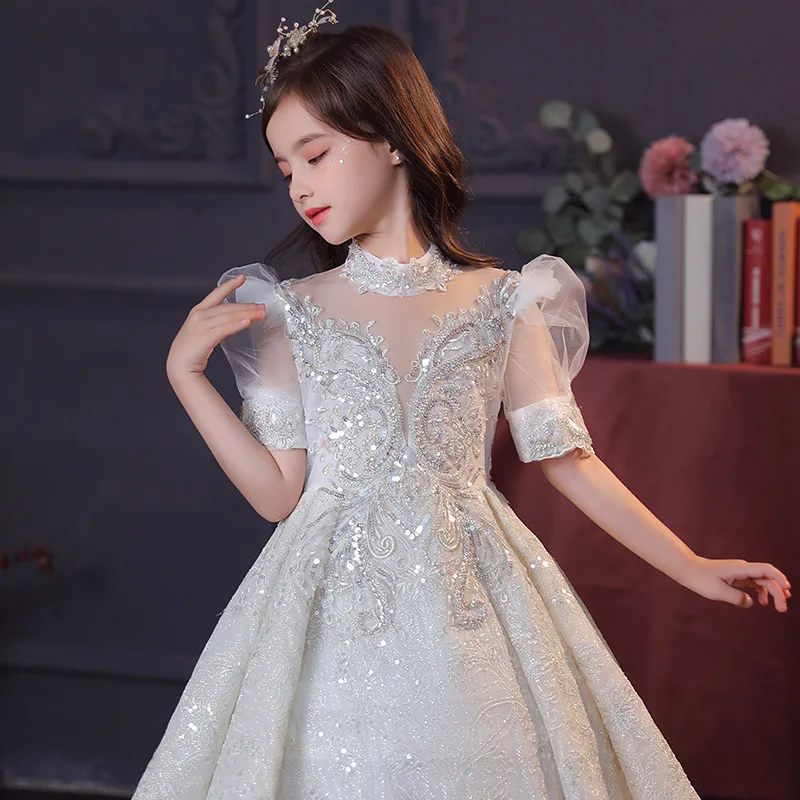 Fashion Kids Girls Flower Dresses Shining Sequins Beading Fluffy Children Dress Stand Up Collar Bubble Sleeves Piano Prom Gown