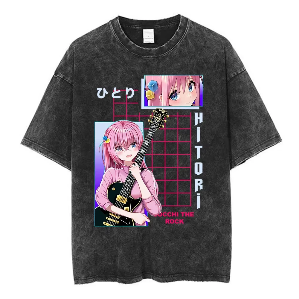 Vintage Washed Loose Cotton Hip Hop Streetwear T-Shirt For Men & Women With Anime Bocchi The Rock Hitori Gotoh Graphic Print