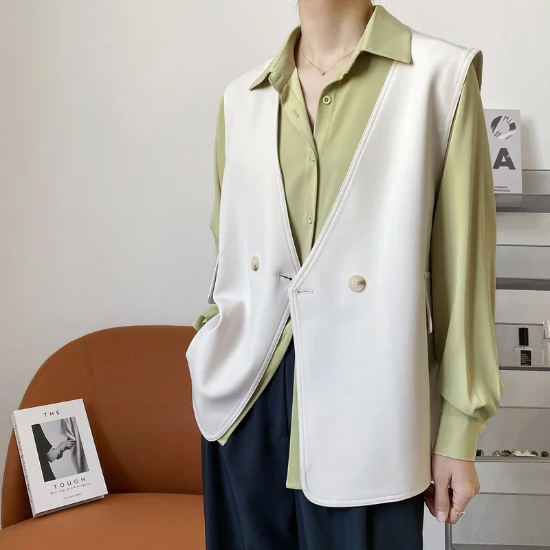 2021 Spring Autumn Winter Women Suit Vest Sleeveless Solid V-neck Suit Jacket Sweet Elegant Casual All Match Female Coat khaki