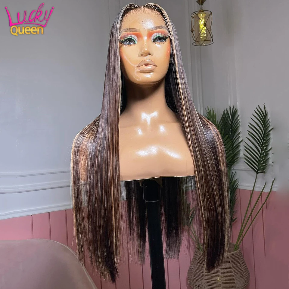 Straight Brown Highlight Blonde 180 Density Lace Frontal Wigs Human Remy Hair Pre Plucked Transparent Lace For Women 5X5 13X6