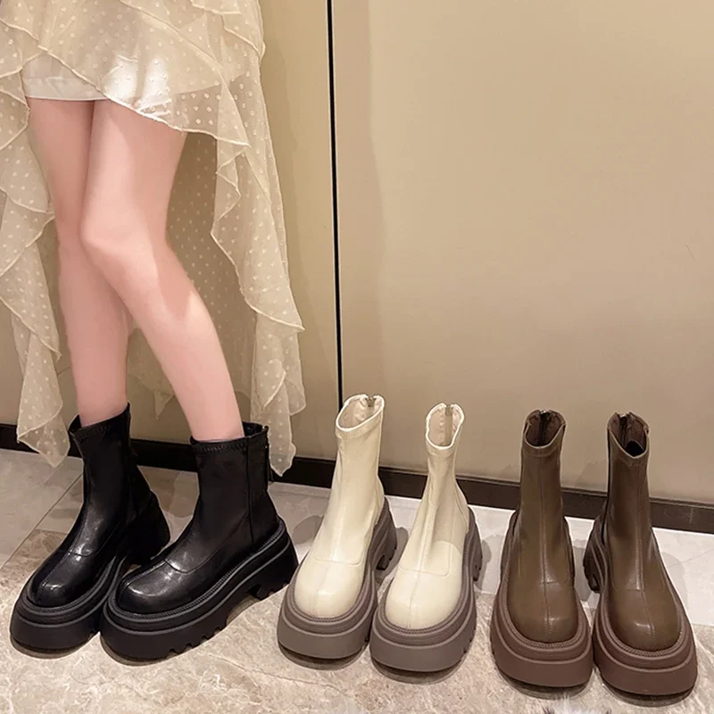 Bottes Courtes à Talon Plateforme pour Femme, Chaussures de Rinçage à Fermeture Éclair Arrière, à la Mode, Nouvelle Collection Automne Hiver 2024