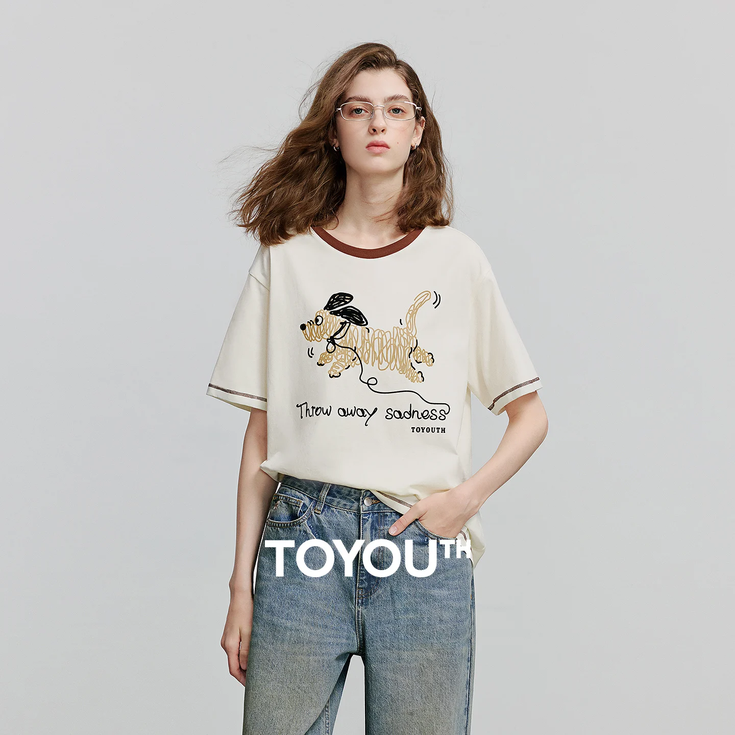 

TOYOUTH Women T Shirts 2026 Summer New Pure Cotton Round Neck Loose Yarn Dog Print Cartoon Age Reducing Tops