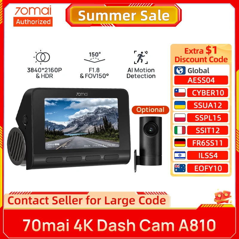 70mai 4K Dash Cam A810 Starvis 2 IMX678 HDR Car DVR 150° FOV ADAS