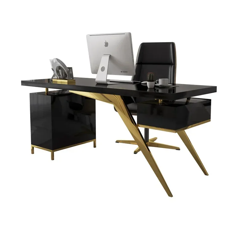 Practical  Luxury Office Furniture Working Desk with drawers and gold stainless steel frame glass top computer work table