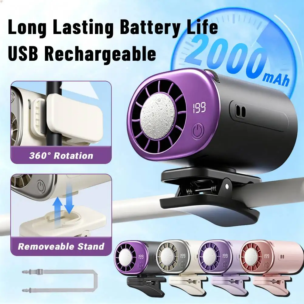 Summer Portable Clip on Fan USB Mini Personal Cooling Fan with LED Display 199 Speeds Adjustable for Umbrella Office Car Beach