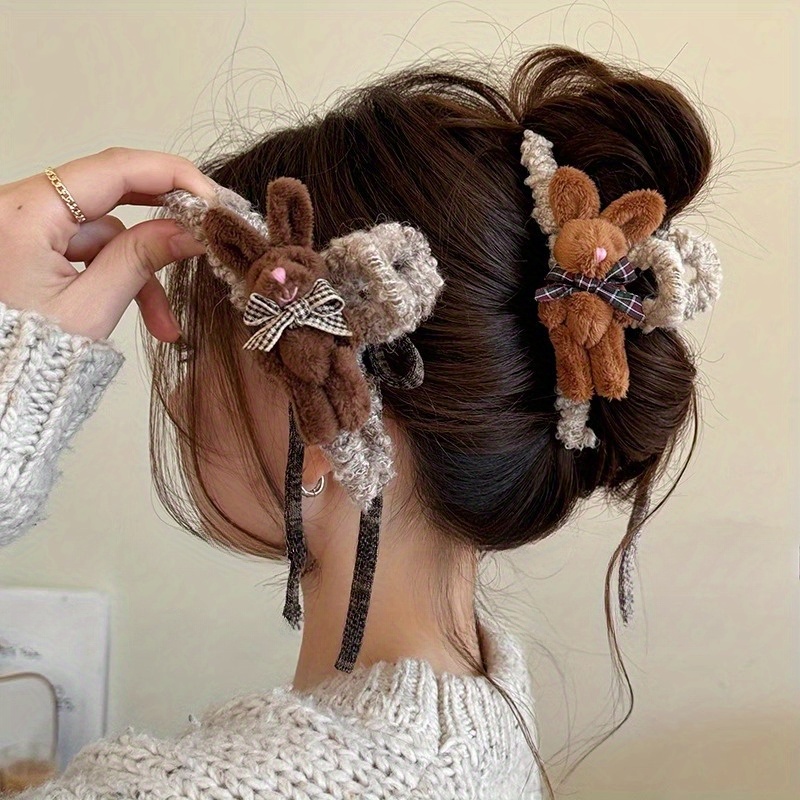  Double-Sided Maillard Hair Claw Clip – Plush Bow Claw for Women, Oatmeal & Mocha, Large Back Bun Clip Butterfly Hair Clip 