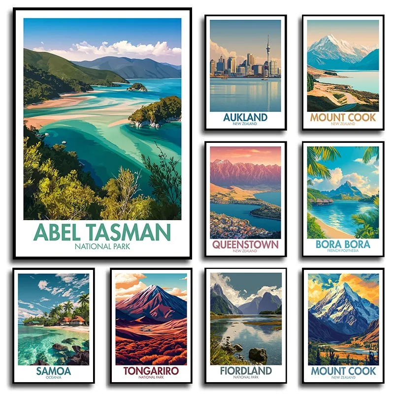 Oceania Travel Poster New Zealand Fiordland Wellington Tahiti Samoa Modern Landscape Canvas Print Living Room Office Wall Decor