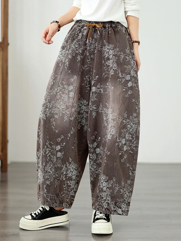 High Waist Double Layer Denim Sand Washed Harlan Pants Floral Embroidery Loose Slimming Bend Knife Harem Trousers for plus Si...